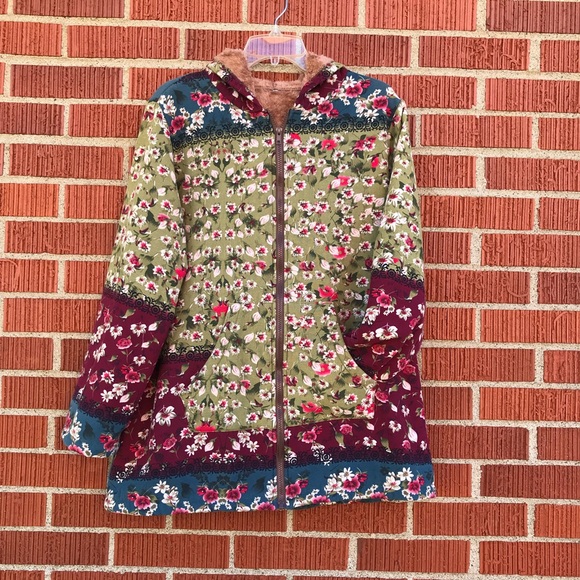 womens 2xl floral hoodie jacket zip up green burgundy blue fleece lined - Picture 11 of 11
